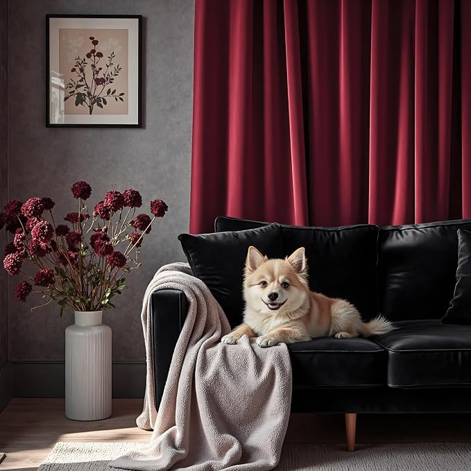 Burgundy Red Velvet Curtains 108 Inches Extra Long 2 Panels Set Back Tab Rod Pocket Soft Privacy Elegant Party Wall Backdrop Drape for Living Room Darkening Kids Bedroom Large Window Mid Century Decor