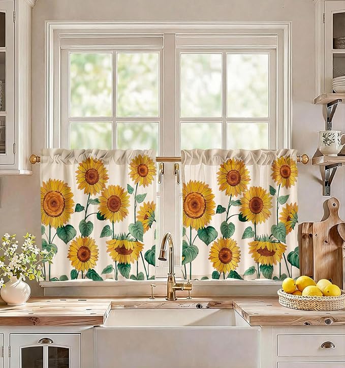 Miss Adola Sunflower Kitchen Tier Curtains - 24 Inch Length Linen Blend Farmhouse Cafe Curtains Floral Small Window Treatments Over Sink Rod Pocket for Bathroom Living Room Light Filtering, 2 Panels