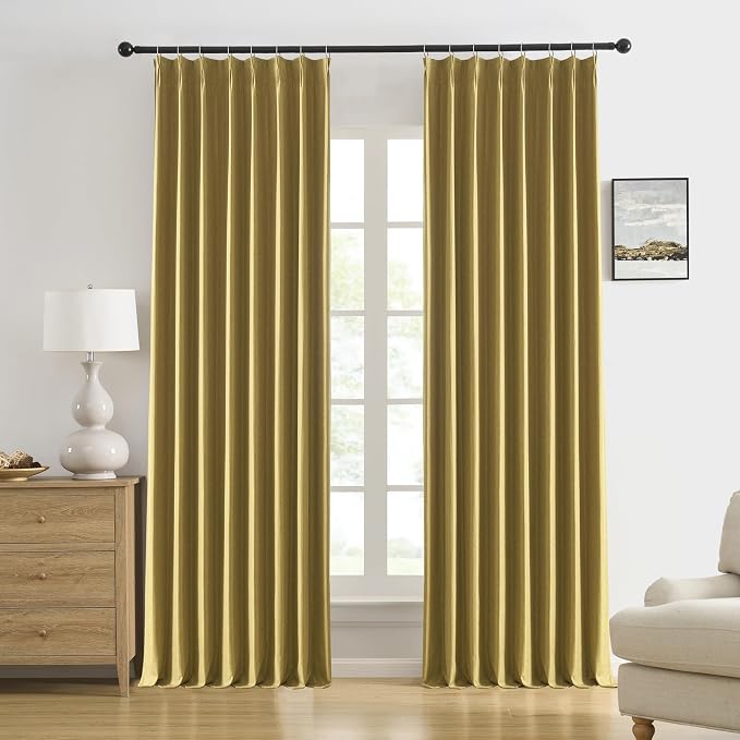 DUALIFE Mustard Yellow Pinch Pleated Blackout Curtains 95 Inches Long, Back Tab with Hooks, Linen Full Black Out Thermal Insulated Track Curtain for Bedroom Living Room,50 W x 95 L, 2 Panels