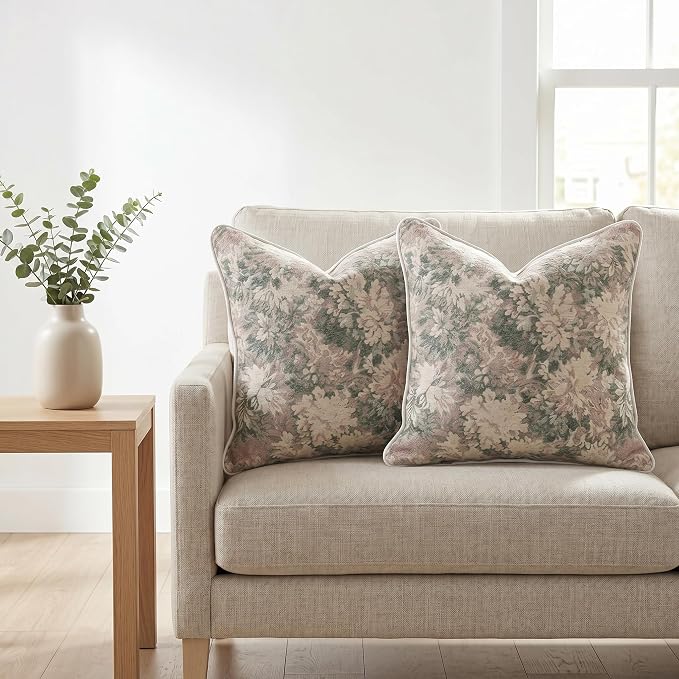 Vintage Floral Throw Pillow Covers 20x20 Inches Set of 2 Boho Farmhouse Pillow Cases Premium Chenille Textured Decorative Cushion Covers for Couch Retro Garden Farmhouse Style Grass Green