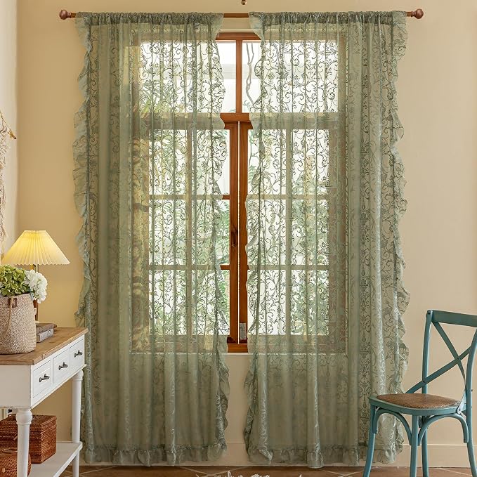 TUDECO Sage Green Sheer Curtains 2 Panels - Spring Boho Sage Green Floral Curtains 84 Inches Long for Living Room, Vintage Flowy Ruffle Privacy Lace Sheer Window Treatment, 59 x 84 Inch