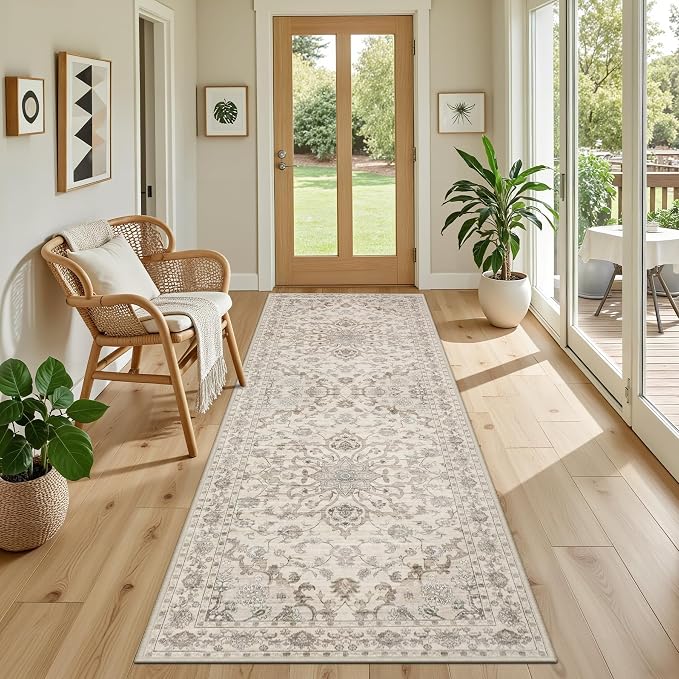 Hallway Runner Rug Non Slip - Washable 2.6x8 Kitchen Rugs for Living Room, Low-Pile Soft Bedroom Rug Indoor Floor Stain Resistant Carpets for Entryway, Laundry, Bathroom Beige