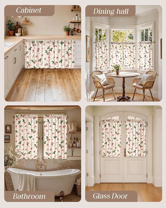 Miss Adola Farmhouse Kitchen Tier Curtains - 45 Inch Length Linen Blend Country Cafe Curtains Strawberry Small Window Treatments Over Sink Rod Pocket for Bathroom Living Room Light Filtering, 2 Panels