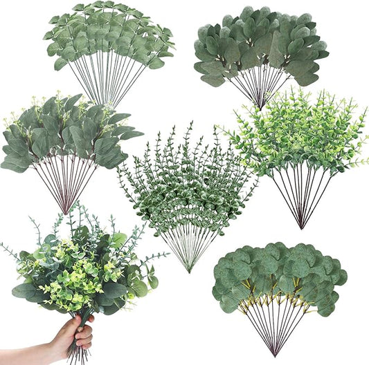 Ceenna 120 Pcs 6 Kinds Mixed Greenery Stem Artificial Faux Eucalyptus Leaves Silver Dollar Eucalyptus Picks and Sprays for Vase Dried Fake Greenery Filler Leaves Bundle for Wedding Floral Arrangement