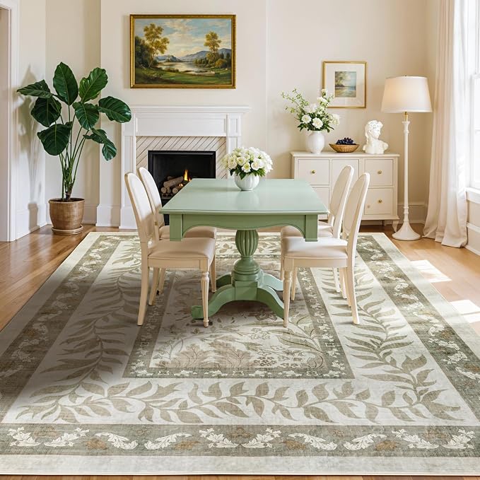 LIANLAM Washable Rug 9x12 Area Rugs for Living Room - Stain Resistant Non-Slip Backing Floral Design Rug for Bedroom,Durable & Ultra-Thin Vintage Large Area Rug(9x12,Beige)