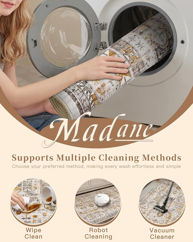 Madane Hallway Runner Rug 3x12 Washable Kitchen Runners 12ft, Brown/Gold | Vintage Non Slip Area Rugs for Hallways, Soft Low-Pile Thin Farmhouse Wide Floor Carpet for Entryway Foyer Bathroom Bedroom