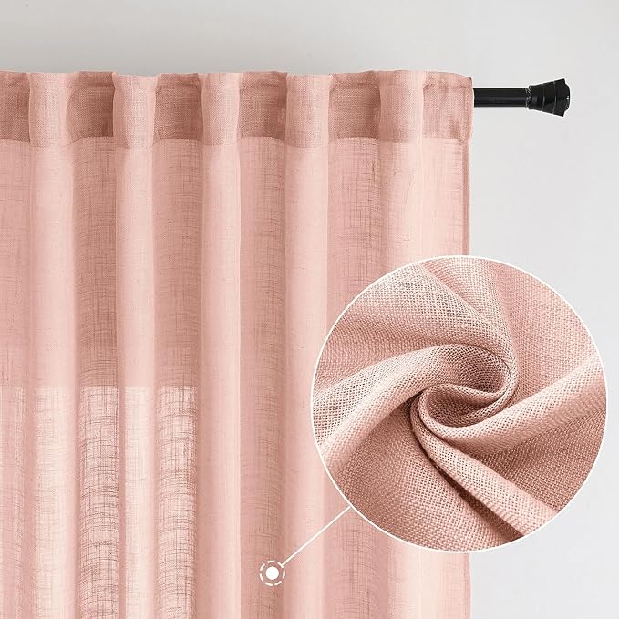 MIULEE Blush Pink Linen Curtains 90 Inch Long 2 Panels for Bedroom, Soft Thick Linen Textured Window Drapes Semi Sheer Light Filtering Back Tab for Living Room Light Pink Decor