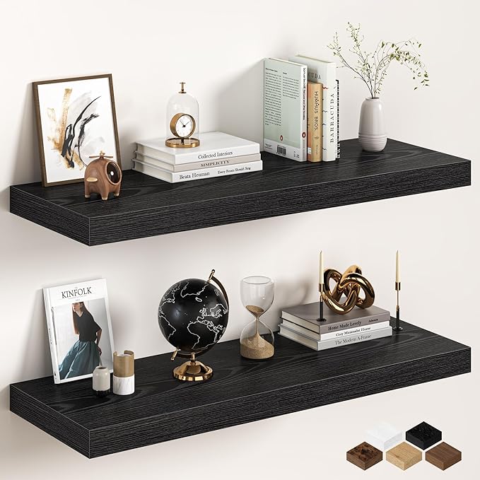 40Inch Black Floating Shelves for Wall, 12 Inch Deep Shelves for Bedroom, Kitchen, Bathroom Wall Mounted, Rustic Wood Floating Shelf with Invisible Brackets for Books, Storage, Decor, 2 Packs