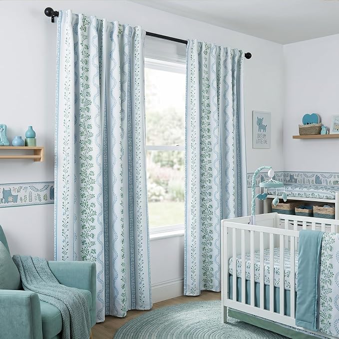 Light Blue and White Floral Blackout Curtains 63 Inch Length 2 Panel Set, Cottage Core Green Scalloped Thermal Insulated Drapes, Coastal Grandma Black Out Curtains for Living Room 63 Inch Long