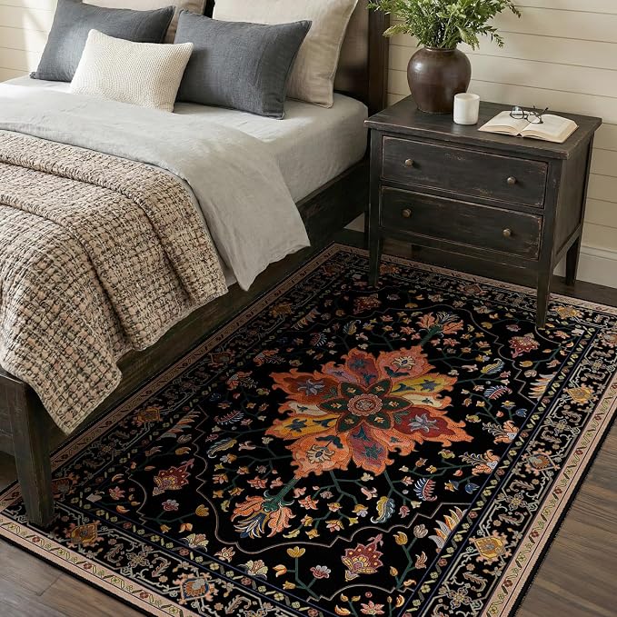 RELEANY Area Rugs 4'x6' Washable Non-Slip, Floral Vintage Distress Medallion Carpet for Living Room Bedroom Dining Room, Black Colorful Floral Dark Tan