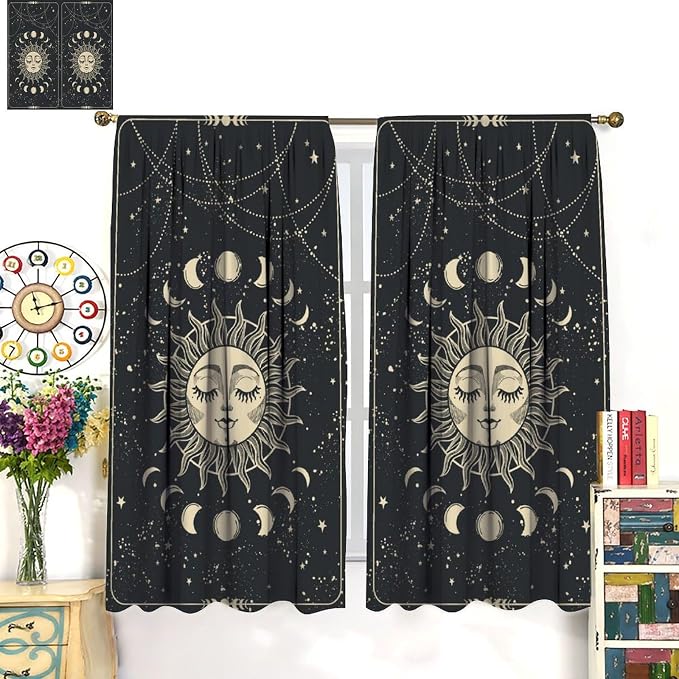 Sun Moon Blackout Curtains, Sun Moon Phases Stars Magic Bohemian Golden Mystical Window Treatment Drapes for Bedroom Living Room 42" W X 54" L