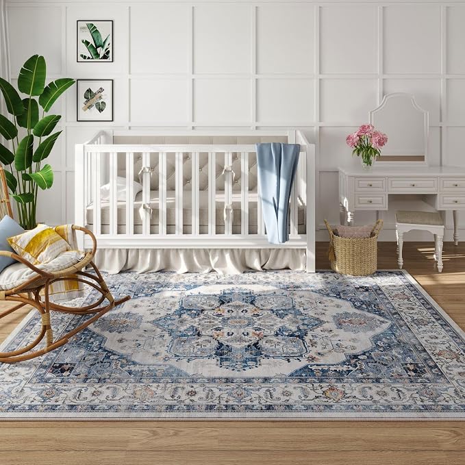 Rugcomf Vintage Medallion 4'x6' Rug - Machine Washable Area Rug, Non-Slip Low Pile Boho Carpet for Girl/Boys Room, Living Room, Kids, Entry - Blue