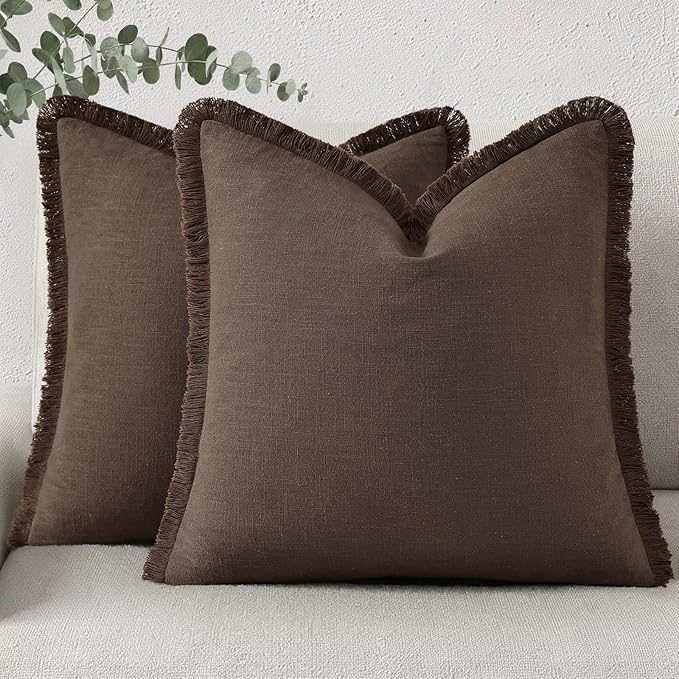 decorUhome Linen Fringe Euro Sham Throw Pillow Covers Set of 2 Decorative Chocolate Pillow Covers with Tassels Soft Accent Boho Farmhouse Pillow Cases for Couch Bed Sofa 22x22 Inch