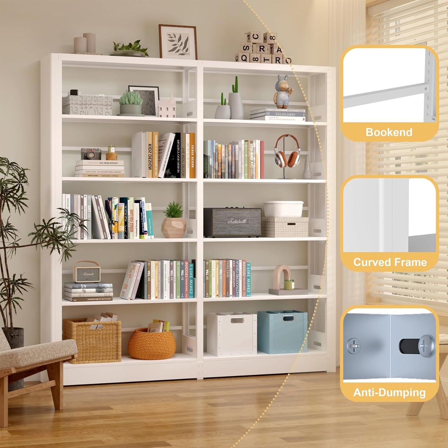 5-Tier Industrial Bookshelf, White Bookcases and Bookshelves,Tall Metal Book Shelf Storage Organizer,Freestanding Bookshelf for Living Room,Home Office(White, Shelf-4)