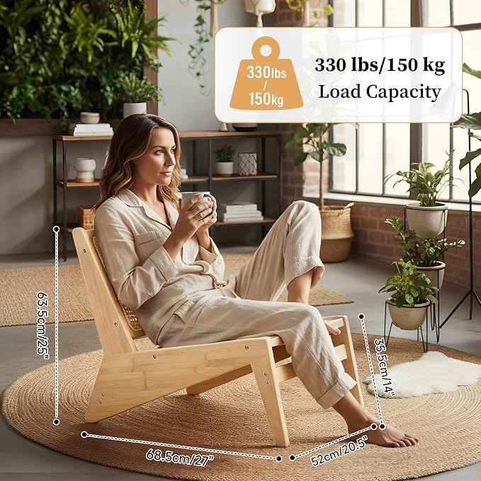 Furlide Rattan Chair 2Pcs, Mid Century Modern Accent Chair, Leisurely Reading Chair for Living Room（Wood）