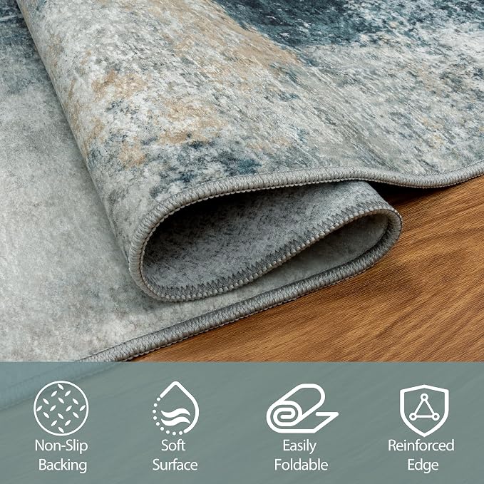 5x7 Area Rugs for Living Room Rug Washable: Abstract Rug for Dining Room Bedroom Carpet Non Slip 5 by 7 Indoor Modern Nursery Home Office Teal Grey Gold
