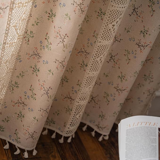 OYX Floral Farmhouse Curtains 96 Inches Long Semi-Blackout Living Room Drapes Cotton Linen Blend Bohemian Window Curtain Panels with Tassel Beige Rod Pocket Bedroom Drapes, 2 Panel