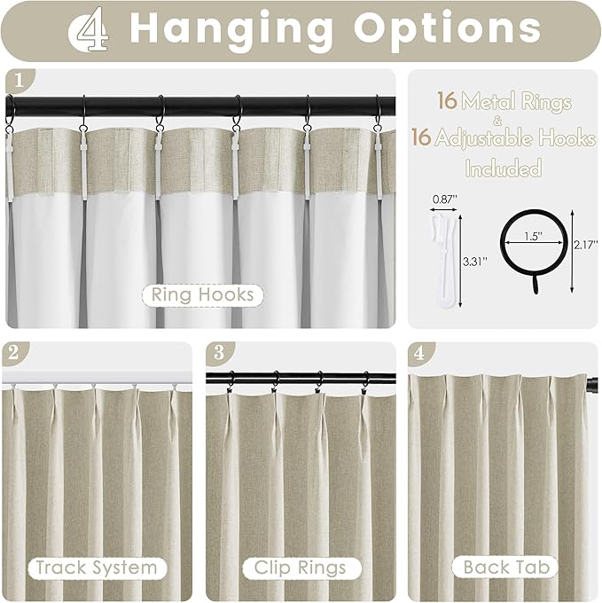 Linen Blackout Curtains 35 Inch Long for Bedroom & Living Room, Natural Drapes Pinch Pleat Noise Reducing Thermal Insulated Room Darkening Black Out Curtain 2 Panels Set with Back Tab