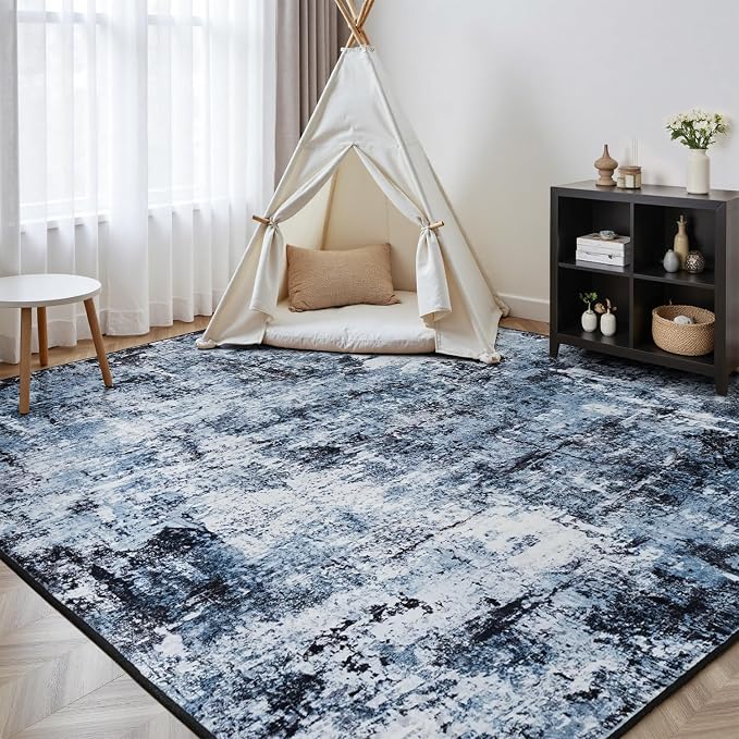 Rugflix 7x10 Area Rugs for Living Room, Washable Large Rug Stain-Resistant Low Pile, Modern Dark Carpet for Dining Room Home Office Kid Room Nursery Bedroom, Navy Blue/Black