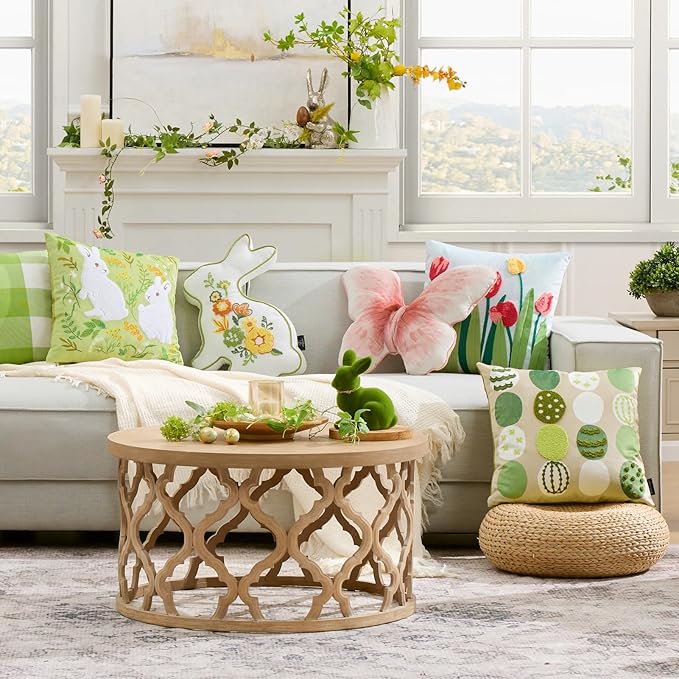 Phantoscope Pack of 4 Happy Easter Throw Pillow Covers, Velvet 3D Bunny Pillowcases Embroidered Egg Letter and Rabbits Pillows Spring Farmhouse Decorative Cushion Covers, Green, 18x18 inches