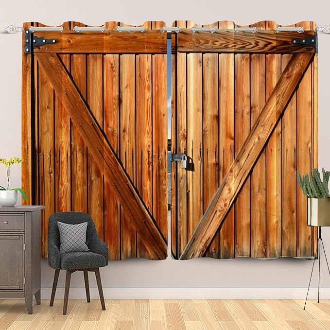 Russet Wooden Door Window Curtains Old Garage Door Curtains Rustic Barn Door Curtains Vintage Wood Planks American Rural Style Native Country Farmhouse Drape Treatments,53x72 inch,2 Panels