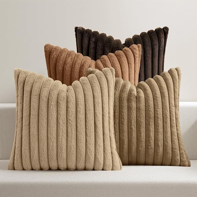 MIULEE Faux Fur Plush Decorative Throw Pillow Covers 18x18 Set of 4, Boho Fall Farmhouse Soft Fuzzy Striped Cushion Covers for Sofa Couch Bed Living Room Vintage Rustic Home Decor,Dark Brown