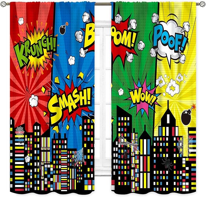 Super City Hero Curtain, Comic Style Cityscape Skyline Buildings Cartoon Window Curtains for Boys Kids Teens Baby Room Bedroom Living Nursery 2 Panel Sets, 84"x63" Inch
