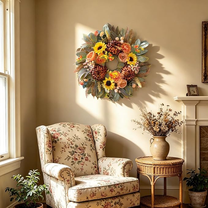 WANNA-CUL 24 Inch Sunflower Fall Front Door Wreath Farmhouse Harvest Decor | Autumn Wreath with Roses Dahlias Pinecones Berries Indoor Outdoor Boho Wall Mantel Table Centerpiece Thanksgiving Decorations
