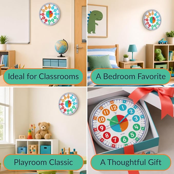 OWLCONIC Clock for Kids – Educational Analog Learning Wall Clock, Non Ticking Teaching Clock for Classroom & Homeschool, Silent Kids Bedroom Décor Bright