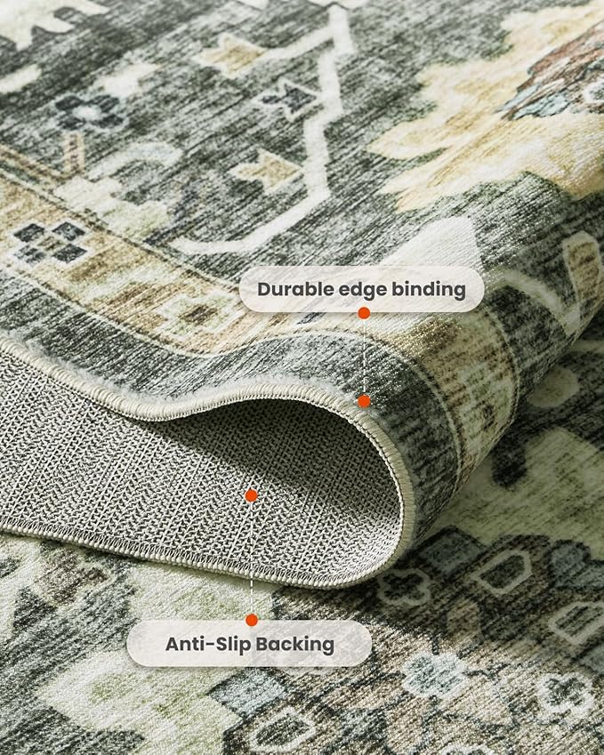 AMADA HOMEFURNISHING 10x14 Washable Area Rug, Low-Profile Large Area Rug with Non-Slip Backing & Durable Edge Binding, Vintage Large Rugs for Living Room, Bedroom & Dining Room