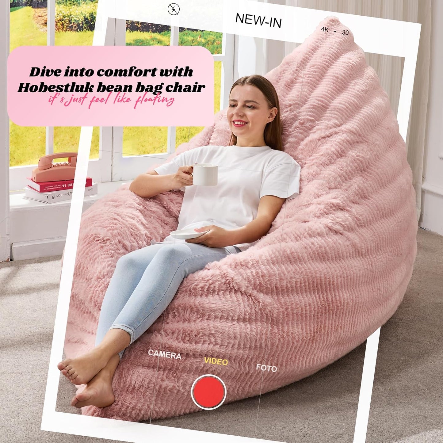 Hobestluk 3 in 1 Bean Bag Chair Giant Bean Bag Chairs for Adults with Ripple Cover Convertible Bean Bag Floor Cushion with Machine Washable Cover for Living Room (Ripple Pink)