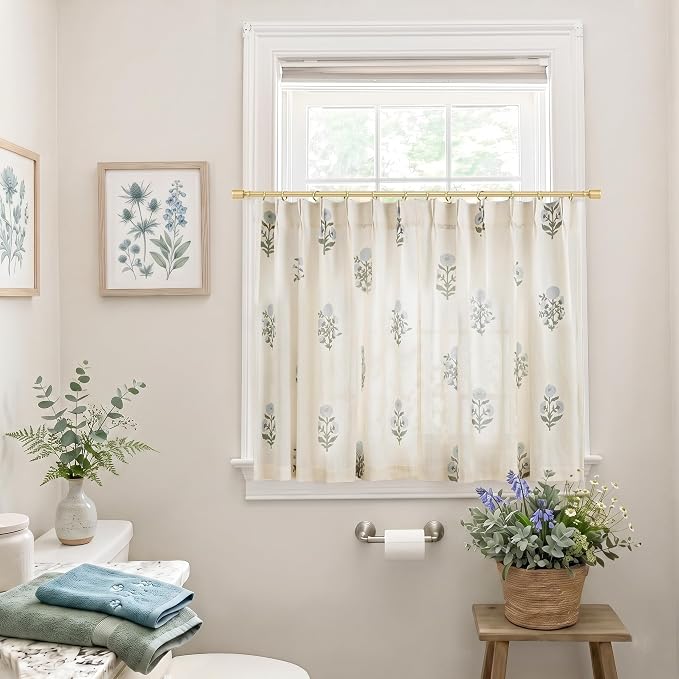 Lino Rosa Short Floral Cafe Curtains 36 Inch Length for Bathroom Window, Vintage Farmhouse Linen Sheer Pinch Pleat Blue and Green Tier Curtains for Kitchen