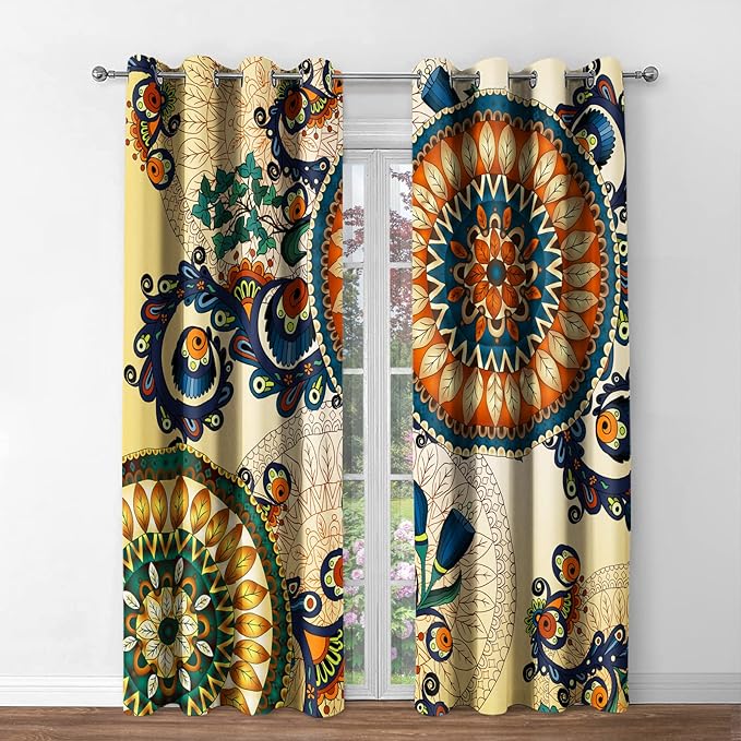 Jekeno Boho Flower Blackout Curtains - Bohemian Mandala Floral Flowers Print Pattern Grommet Darkening Drapes Decor for Bedroom Living Room Apartment Privacy Window Treatments 2 Panels Set, 42"x63"
