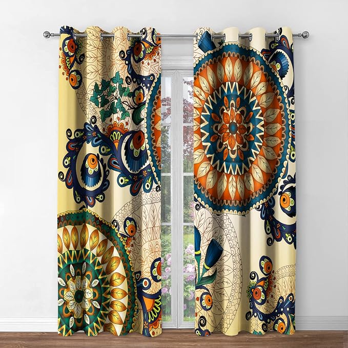 Jekeno Bohemian Flower Blackout Curtains - Boho Mandala Floral Flowers Print Pattern Grommet Darkening Drapes Decor for Bedroom Living Room Apartment Privacy Window Treatments 2 Panels Set, 52"X84"
