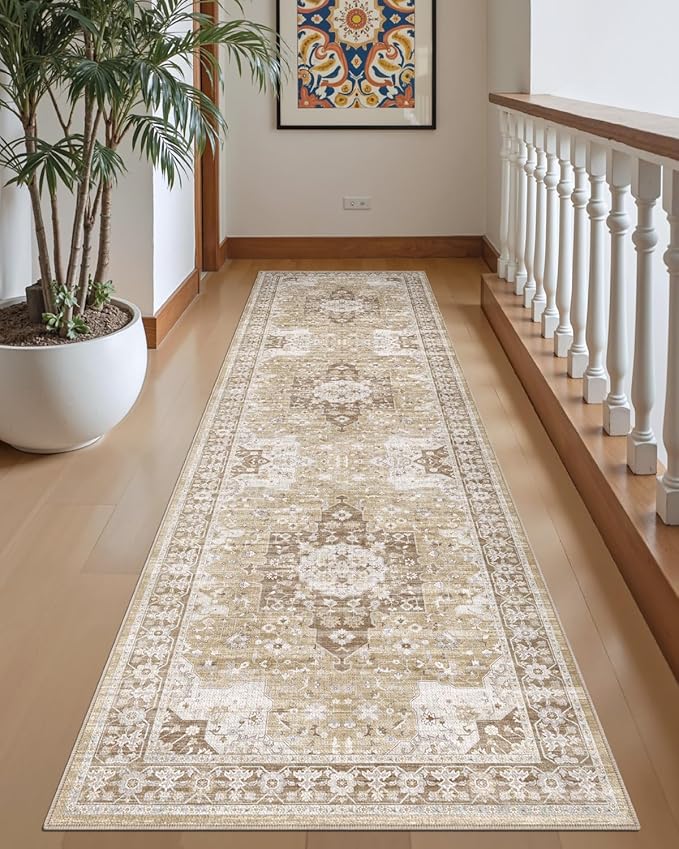 DEXI Hallway Washable Runner Rug 3x12, Vintage Soft Thin Kitchen Runner with Non Slip Backing, Farmhouse Entryway Floor Rug, Stain Resistant Distressed Carpet for Bedroom Living Room, Beige