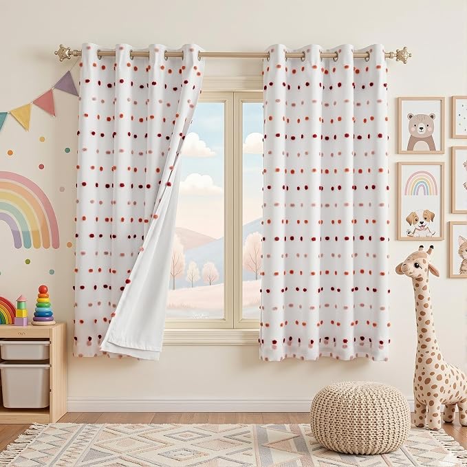 MEETSKY Kids Blackout Curtains for Girls Bedroom 63 Inches Long Colorful Red White Pom Pom Curtains for Nursery Room 2 Panels Small Window Curtains with 2 Layered Room Darkening Grommet,52 x 63 Inch