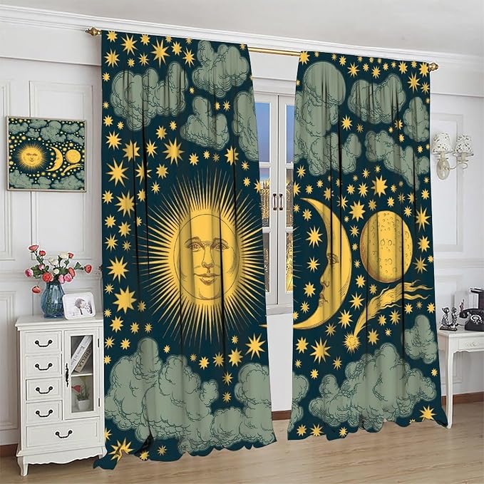 Sun Moon Blackout Window Curtains, Bohemian Sun Moon Star Pattern Print Window Drapes, for Living Room Bedroom 42x63in 2 Panels