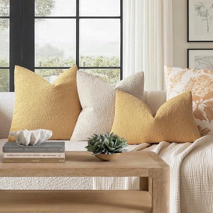 Foindtower Pack of 2 Textured Boucle Throw Pillow Covers Accent Solid Pillow Cases Cozy Soft Decorative Couch Cushion Case for Chair Sofa Bedroom Living Room Home Decor 20x20 Inch Light Yellow