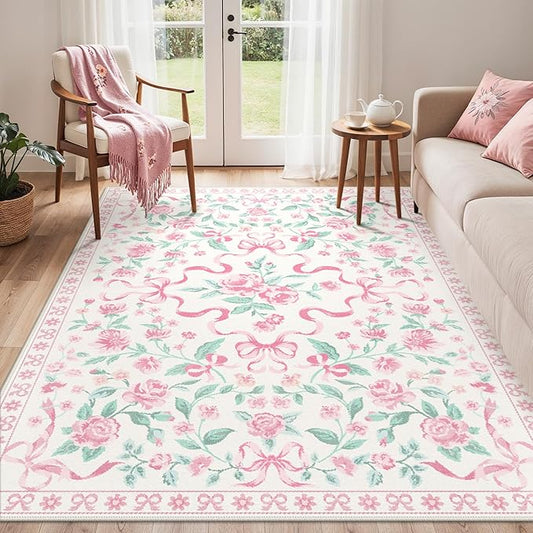 GENIMO 5X7 Washable Vintage Area Rugs for Living Room, Non-Slip Low Pile Chenille Print Rug, Soft Rugs for Bedroom Dining Room Home Office, Pastel Pink