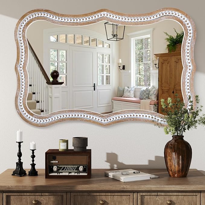 36x24 Inch Wavy Mirror for Wall Decor, Wooden Bathroom Decorative Mirrors | Hang Vertically or Horizontally to Fit Living Room, Entryway, Sideboards, Dresser, Hallway, Foyer or Rental Spaces