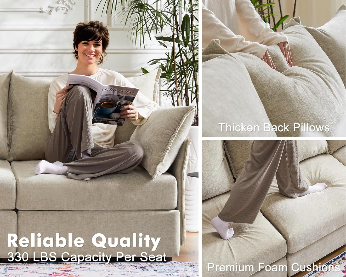 135.5" Oversized Modular Sectional Sofa, L Shaped Convertible Couch with Movable Ottoman, 5 Seat Corner Couches for Living Room Deep Seat Beige Chenille