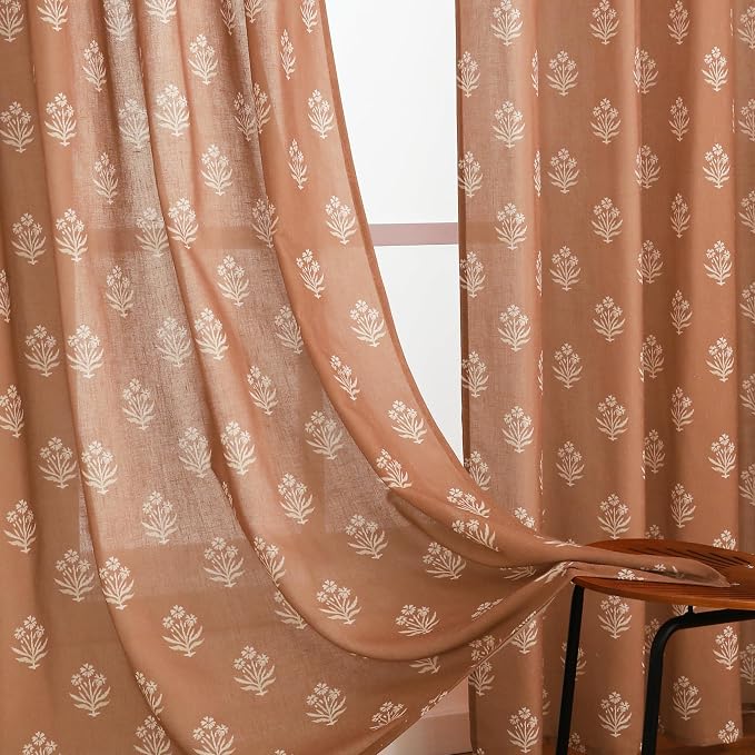 Boho Curtains 84 Inch Length 2 Panels Set for Bedroom,Vintage Floral Rustic Bohemian Terracotta Rust Color Block Print Western Long Linen Sheer Printed Farmhouse Curtains for Living Room