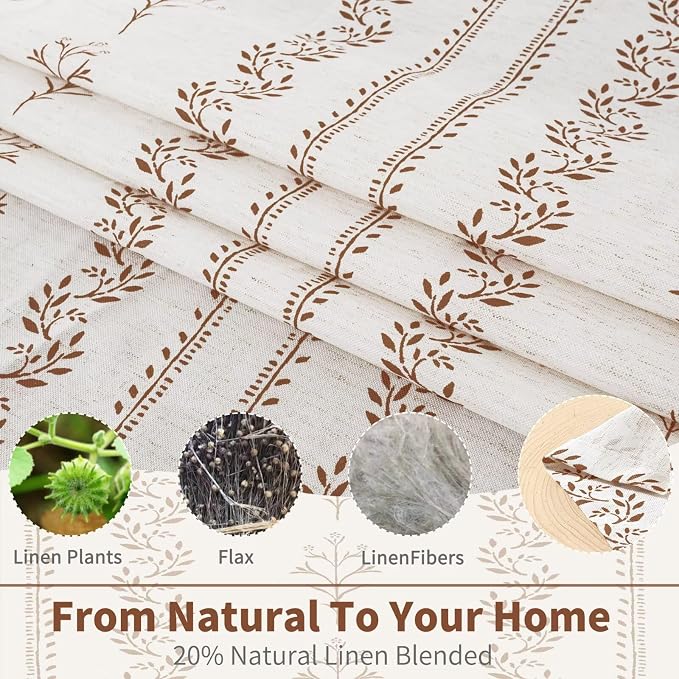 BGment Brown Boho Curtains Leaf Floral Print Cottage Core Botanical Curtains for Living Room Light Filtering Curtain 90 Inch Long for Farmhouse Rustic, Each 52 Inch Wide, 2 Panels Set