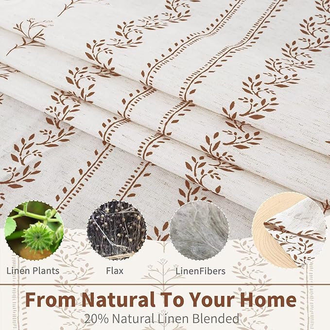 BGment Brown Boho Curtains Leaf Floral Print Cottage Core Botanical Curtains for Living Room Light Filtering Curtain 96 Inch Long for Farmhouse Rustic, Each 52 Inch Wide, 2 Panels Set