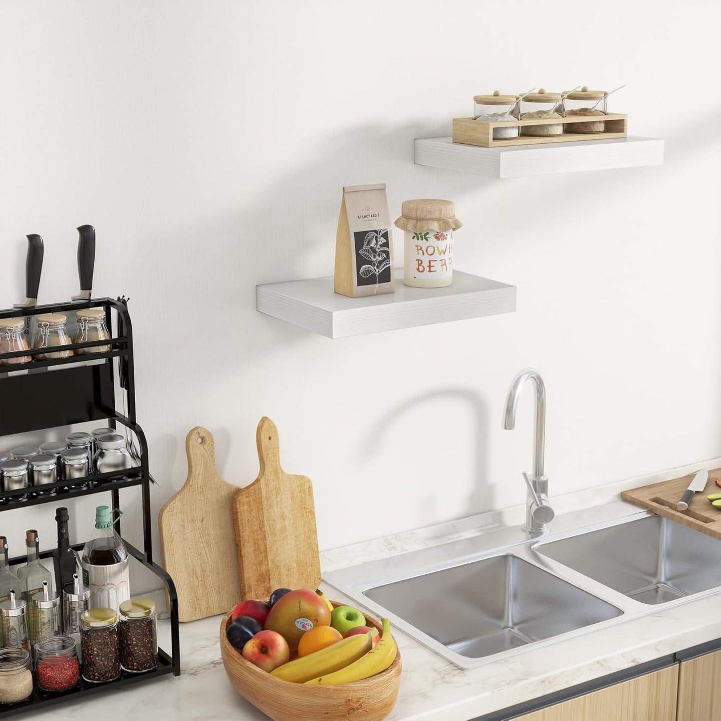 Fun Memories Wood Floating Shelves 16 Inch, 10 Inch Deep Shelves Wall Mount, Wall Shelves with Invisible Bracket, 16" Floating Shelves for Living Room Bathroom Bedroom, White, Set of 2