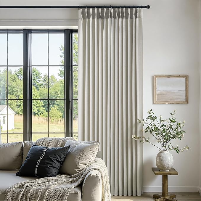 Pinch Pleated Curtains 92 Inches Long 2 Panels Set,Grey Beige Semi Sheer Cotton Blend Fabric Aesthetic Advanced Curtain Drapes for Living Room Bedroom,40x92 inch Length