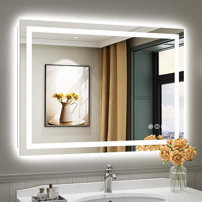 Briivue 44x32 Inch LED Bathroom Mirror with Lights, Backlit & Front Lit, Anti-Fog Lighted Bathroom Vanity Mirror for Wall, Memory Function, Dimmable, HD Tempered Glass, Shatter-Proof