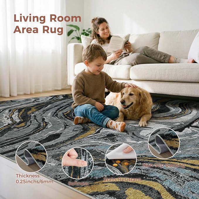 DMOYEST 7x9 Area Rug for Living Room - Washable Neutral Modern Abstract Rugs Soft Non-Slip Carpet Low Pile Indoor Floor Mat for Bedroom & Dining Room Decor for Families with Kids and Pet-Black Golden