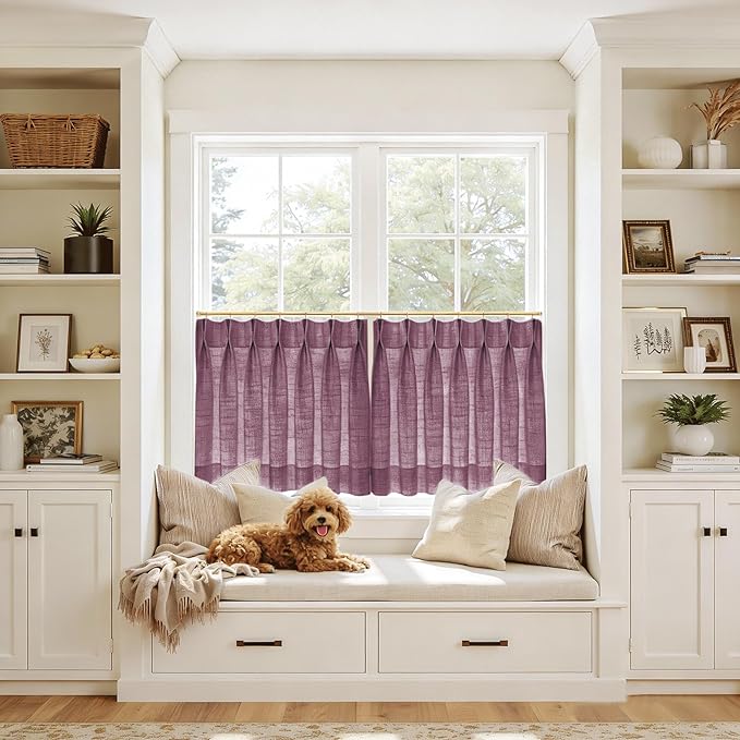 TWOPAGES 52" W x 36" L Linen Blend Cafe Curtains for Kitchen Window, Light Filtering Pinch Pleated Tier Curtains, Modern Farmhouse Half Window Curtains for Bathroom, Plum, 2 Panels