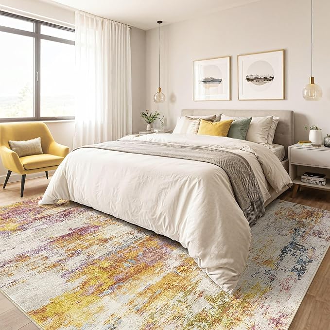 5x8 Area Rug Living Room: Machine Washable Large Abstract Modern Soft Rug Stain Resistant Indoor Floor Non-Slip Accent Carpet for Bedroom Nursery Playroom Office Dining Room Dorm- Gold Colorful